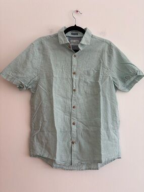 Tenth + Ocean Linen Blend Short Sleeve Camp Shirt Light Blue Vacation Travel Med